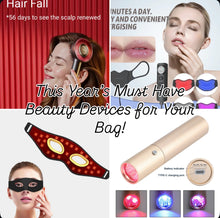 Load image into Gallery viewer, Promotional collage of beauty devices with text about hair fall solutions and must-have beauty tools.