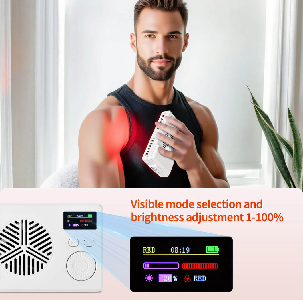 Red light therapy portable pocket sized panel pulse breathe mode jet lag pain relief skincare sleep aid for home office travel anywhere anytime